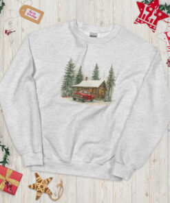 Retro Christmas Red Pickup Truck Winter Cabin Sweatshirt - 90s Mountain Pine Trees Snowy Day Outfit Unisex Sweatshirt